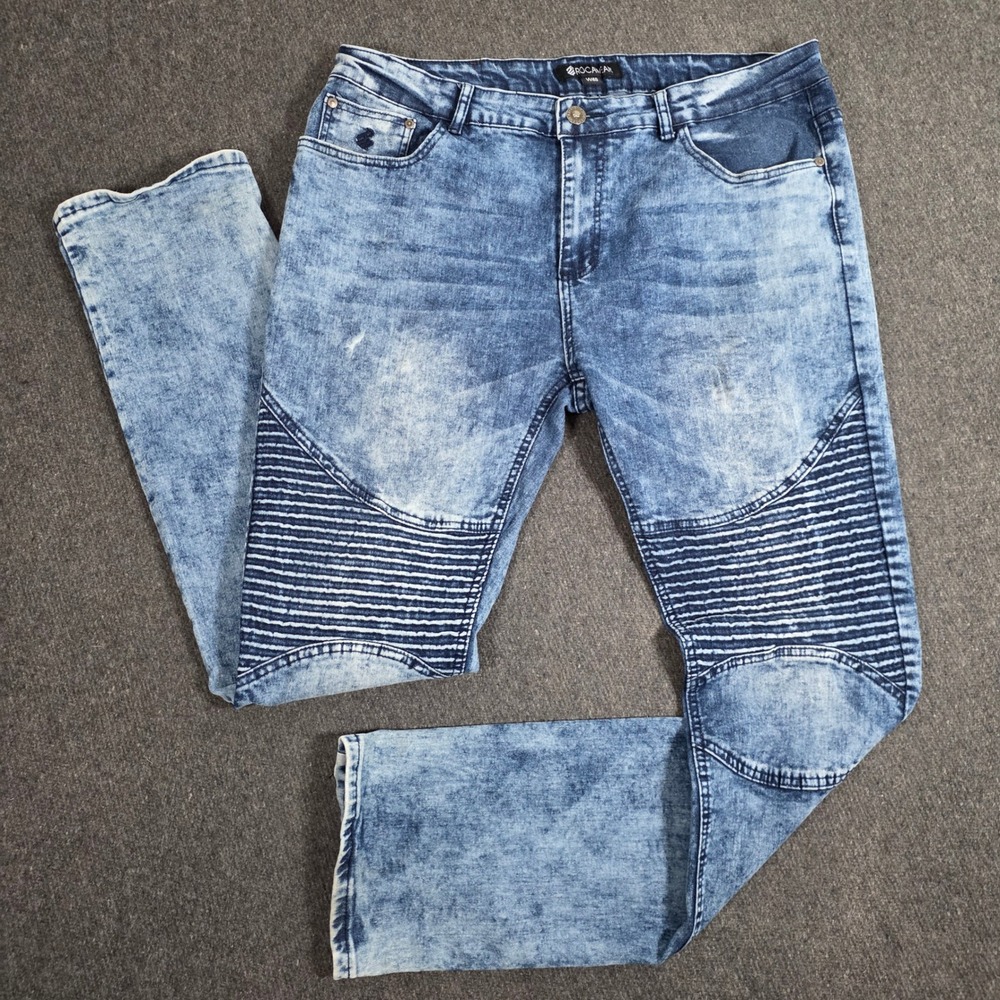 Rocawear Men's‎ Blue Wash Moto Jeans W40 L34 Acid Wash Stretch Denim